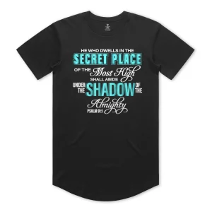 secret place of the most high shirt psalm 91:1 christian design teal bold shadow almighty black staple curved tee