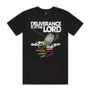 Black Deliverance Staple Tee with broken chains and Proverbs 21:31 graphic