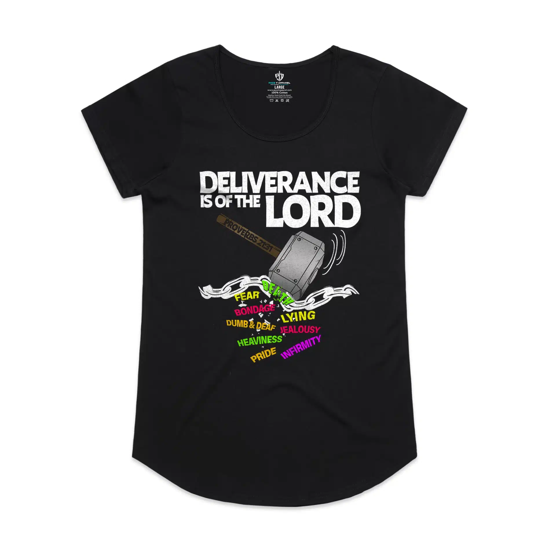 Deliverance is of the Lord Women's Tee christian design bold proverbs 21:31 hammer breaking chains multicolor spirits black womens curved hem tee