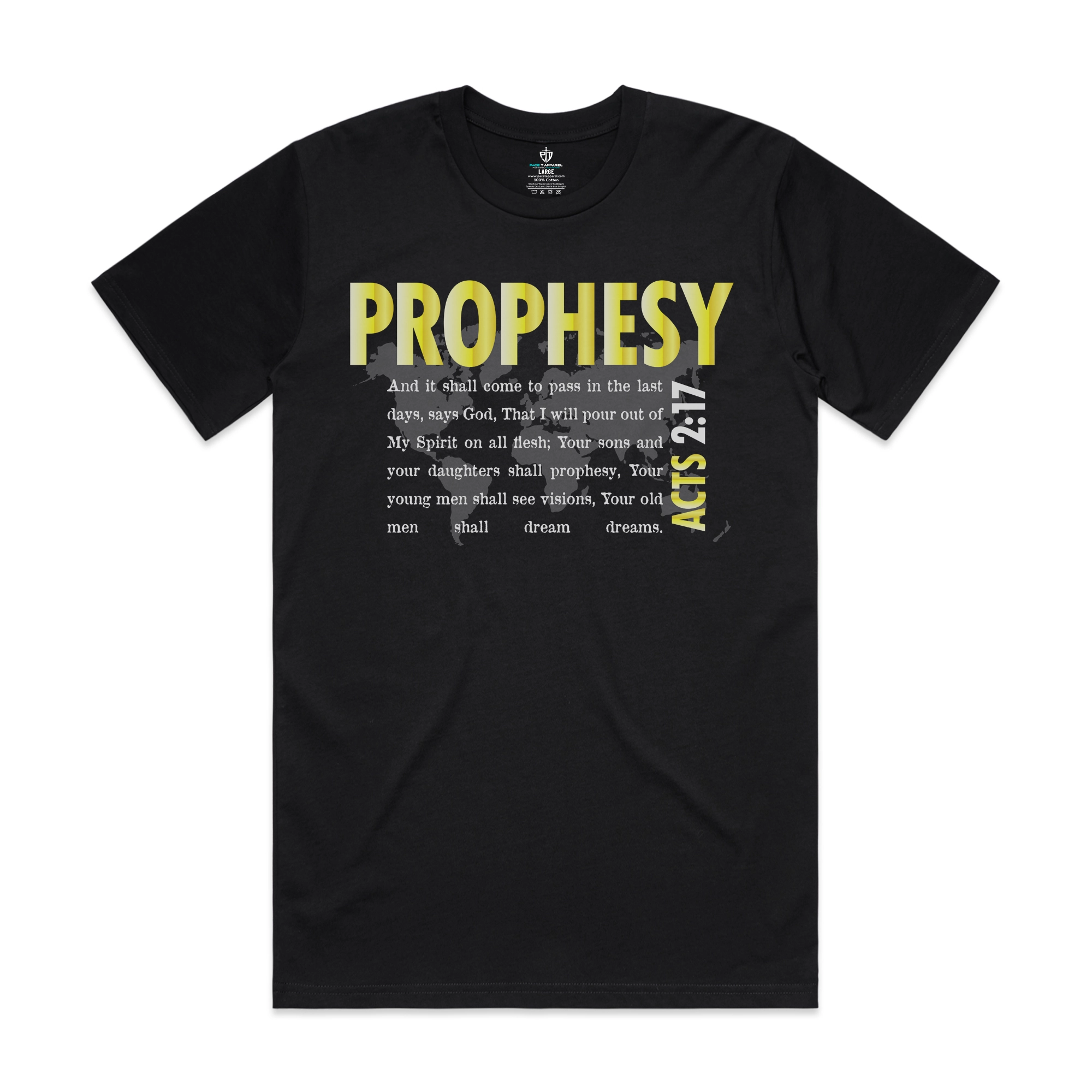 prophesy acts 2:17 shirt christian design bold yellow last days sons daughters shall prophesy black unisex staple tee