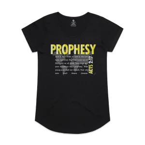 prophesy acts 2:17 women's shirt christian design bold yellow last days daughters shall prophesy black curved tee