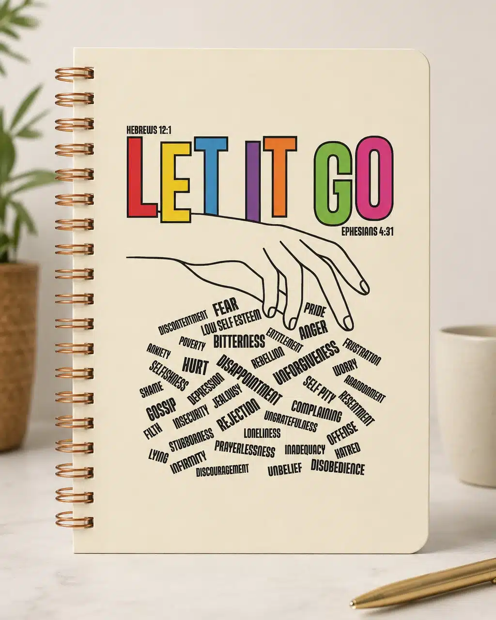 Beige copper spiral-bound Christian notebook with colorful Let It Go cover design featuring an open hand releasing words like fear, bitterness, unforgiveness, and more — Hebrews 12:1 and Ephesians 4:31