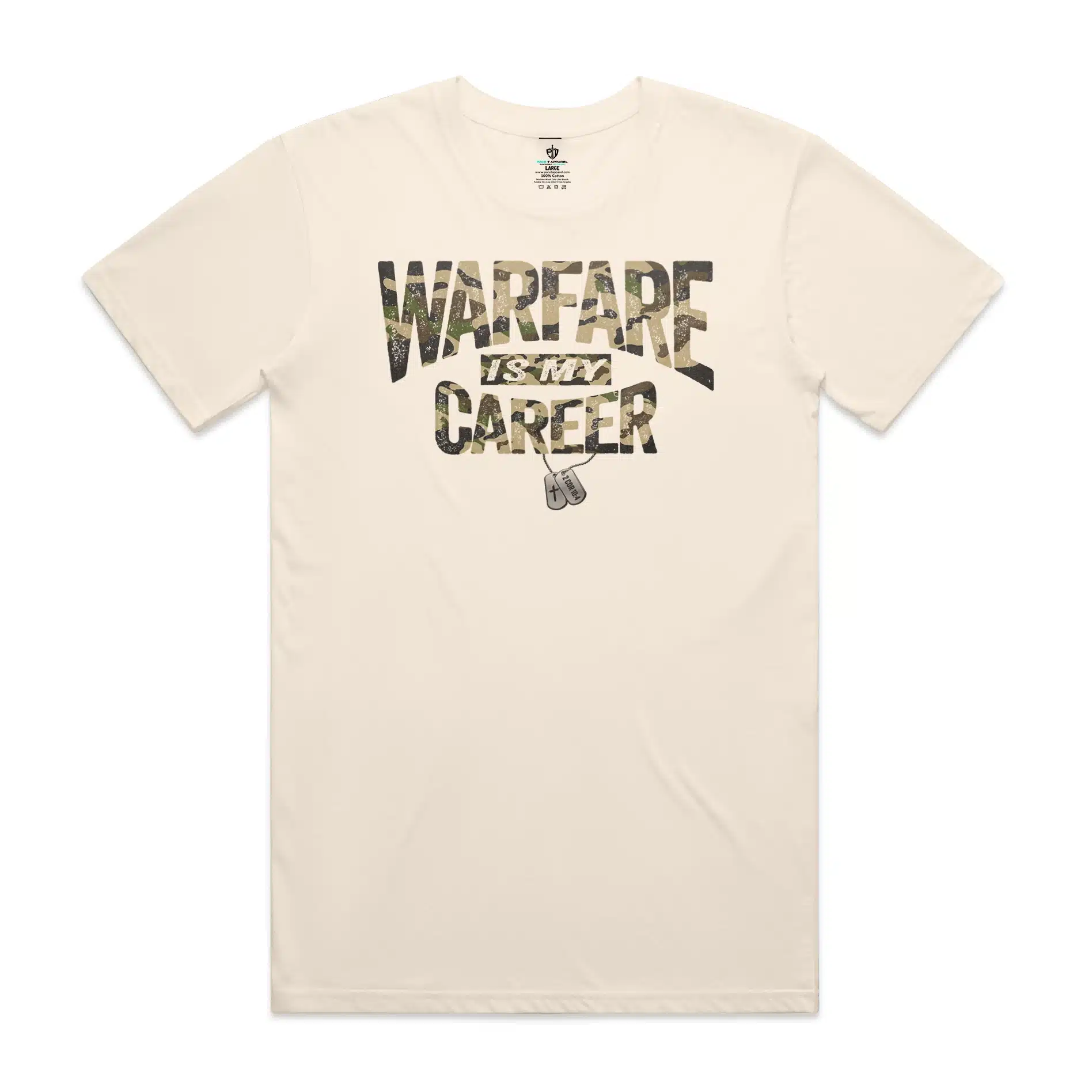 Ecru Christian t-shirt with bold distressed camouflage text reading Warfare Is My Career with illustrated military dog tags hanging below — one engraved with a cross, one with 2 Corinthians 10:4
