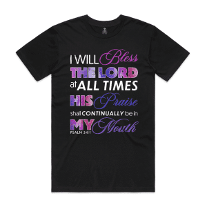 Bless The Lord Tee, Psalm 34:1 scripture shirt, black with purple gradient print, Pace-T Apparel